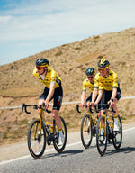 Three people on a bike with a blue sky in the background.