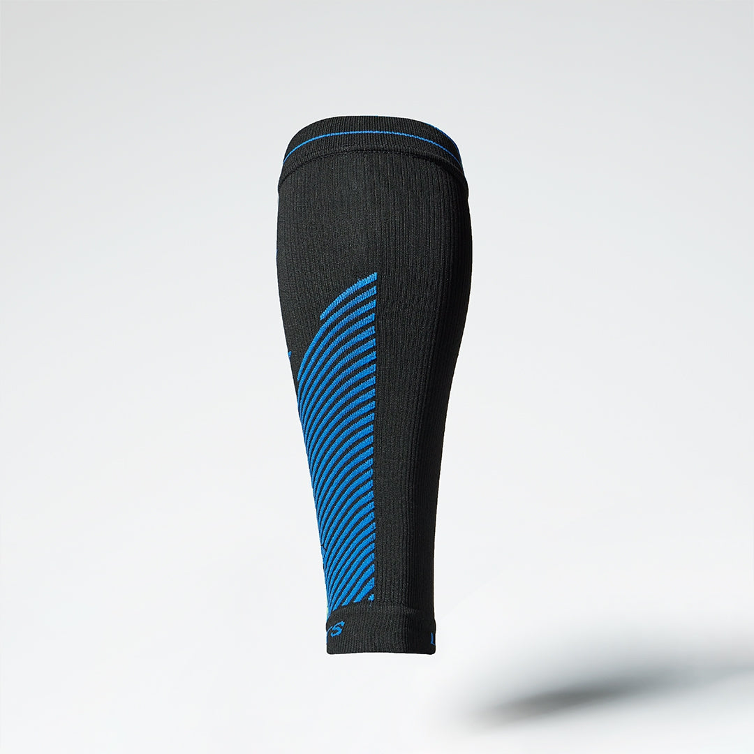 Back view of a black compression calf sleeve with blue details.