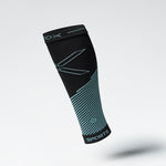 Front view of a black compression calf sleeve with blue details.