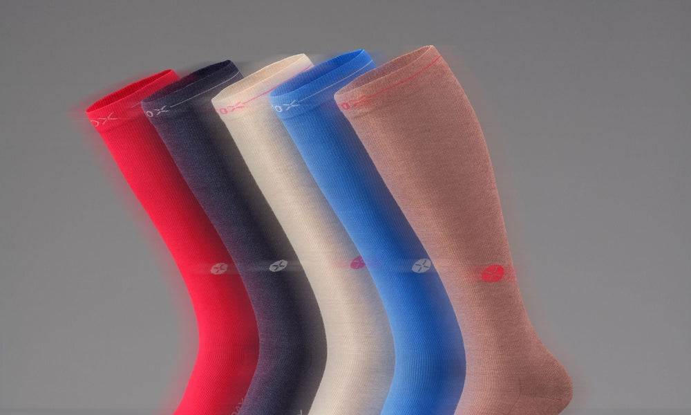 STOX Everyday compression socks in five colours: red, navy, beige, blue and dusty pink