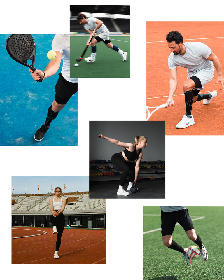 A grid with images of athletes while they do their sport.