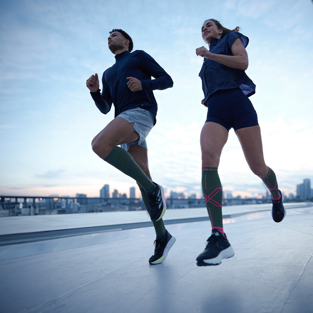 Running with sunset in a city.