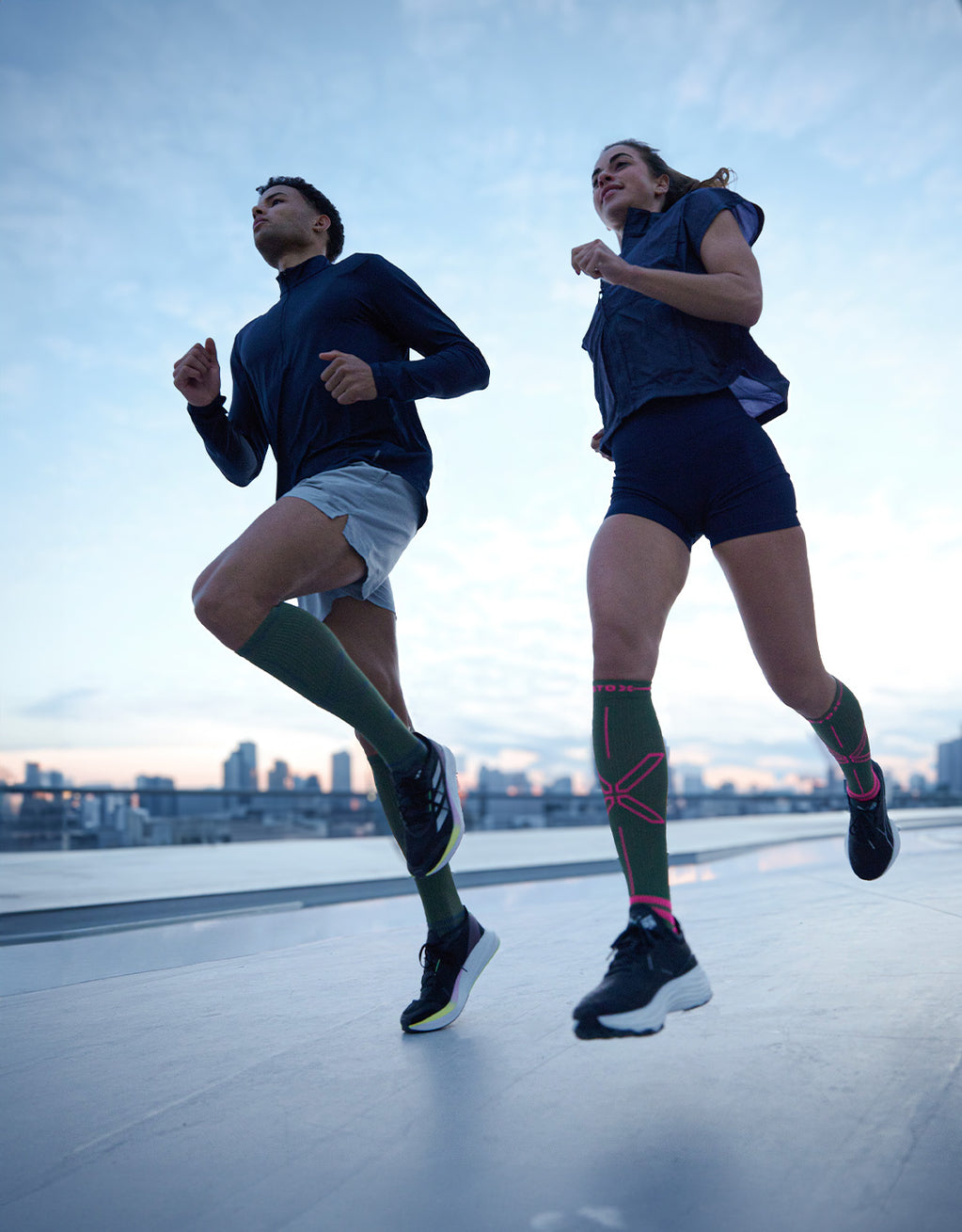 Running with sunset in a city.