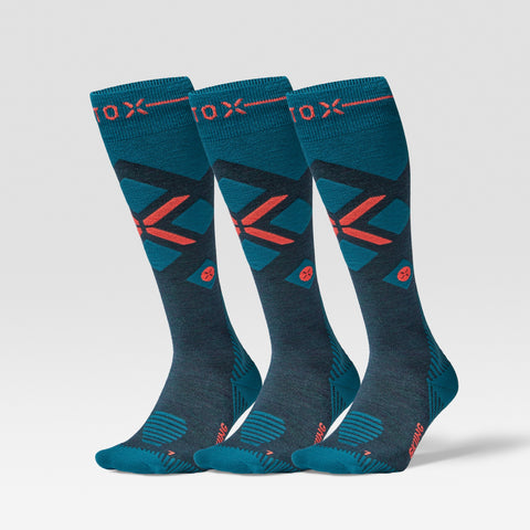 Merino Skiing Socks Men 3-Pack | Teal / Red Fluo