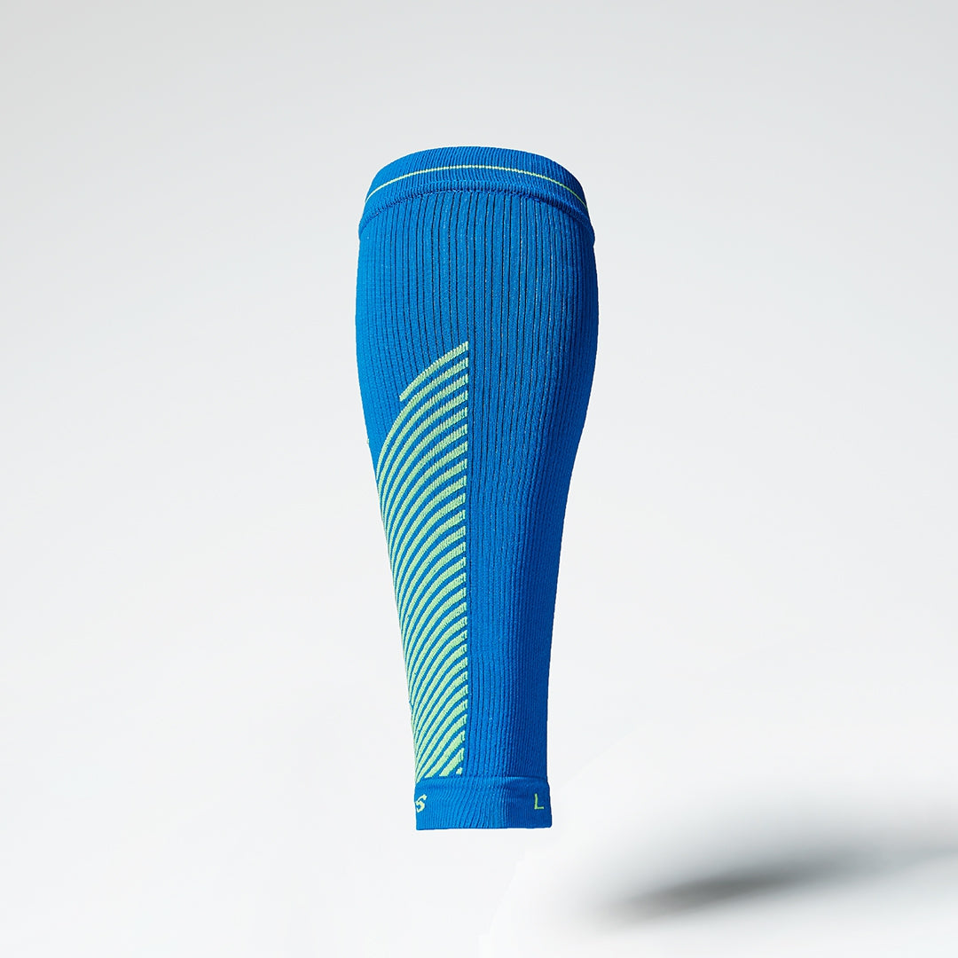 Back view of a blue compression calf sleeve with yellow details.