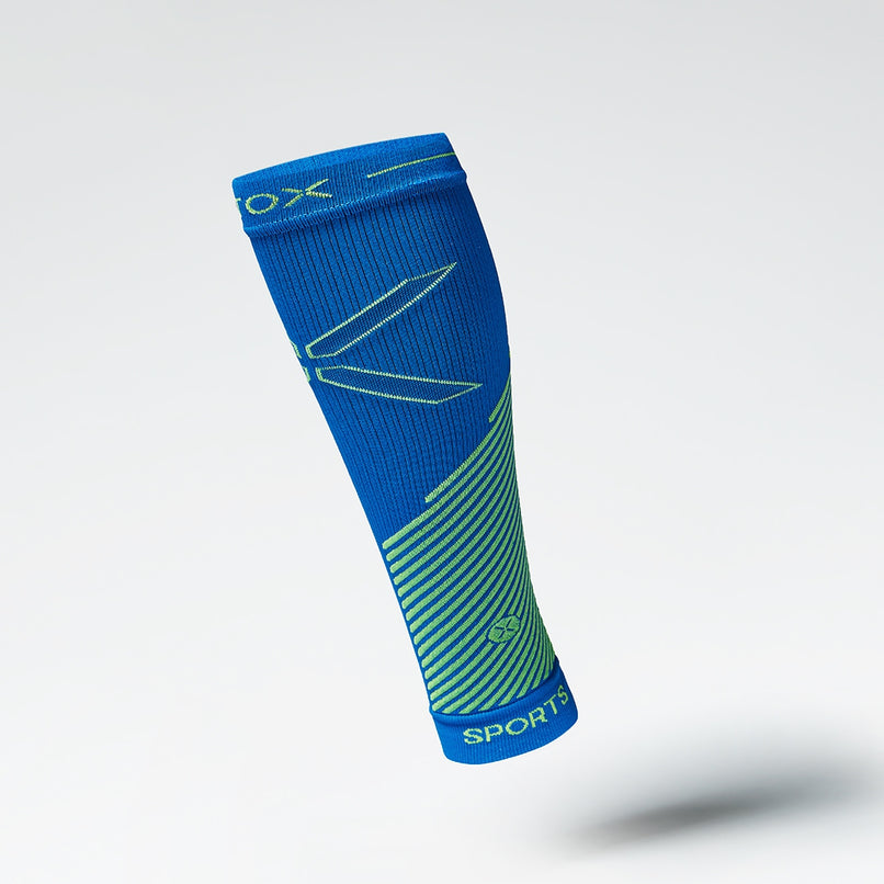 Front view of a blue compression calf sleeve with yellow details.