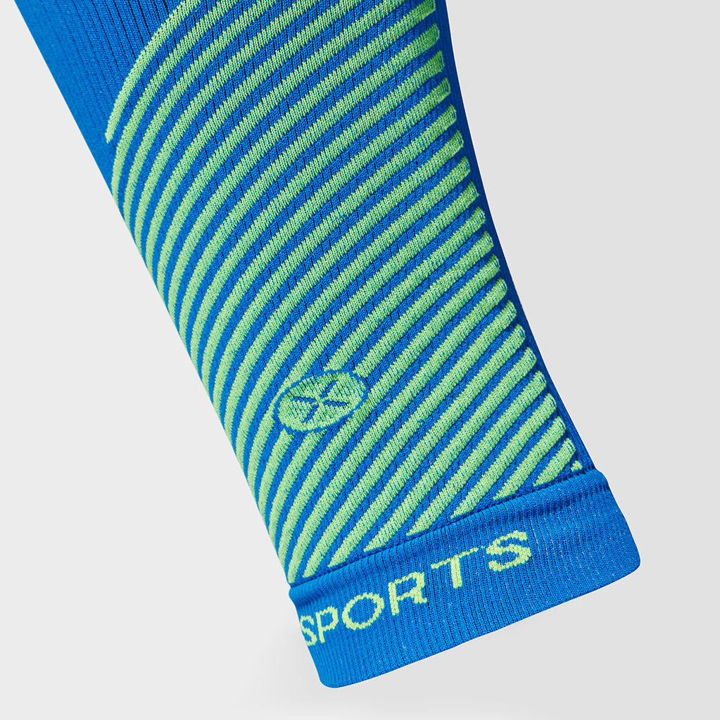 Detailed view of a blue compression calf sleeve with yellow details.