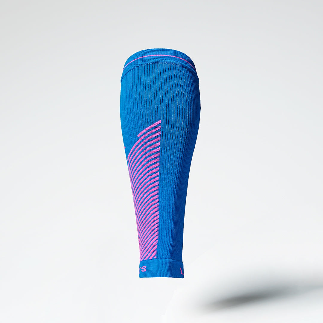 Back view of a blue compression calf sleeve with pink details. 