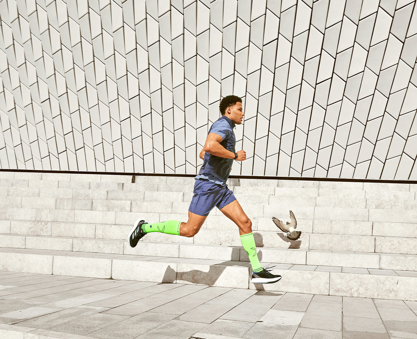 Man running with pigeon.