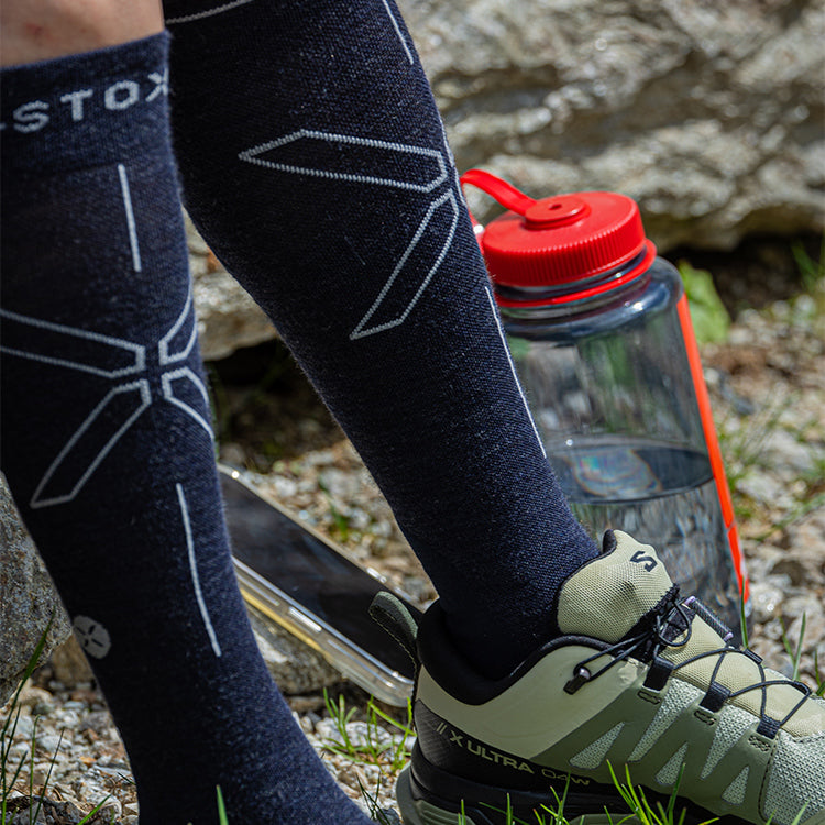 Dark blue socks and a water bottle.