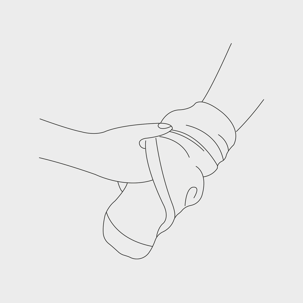 Technical drawing of hands turning a sock inside out.