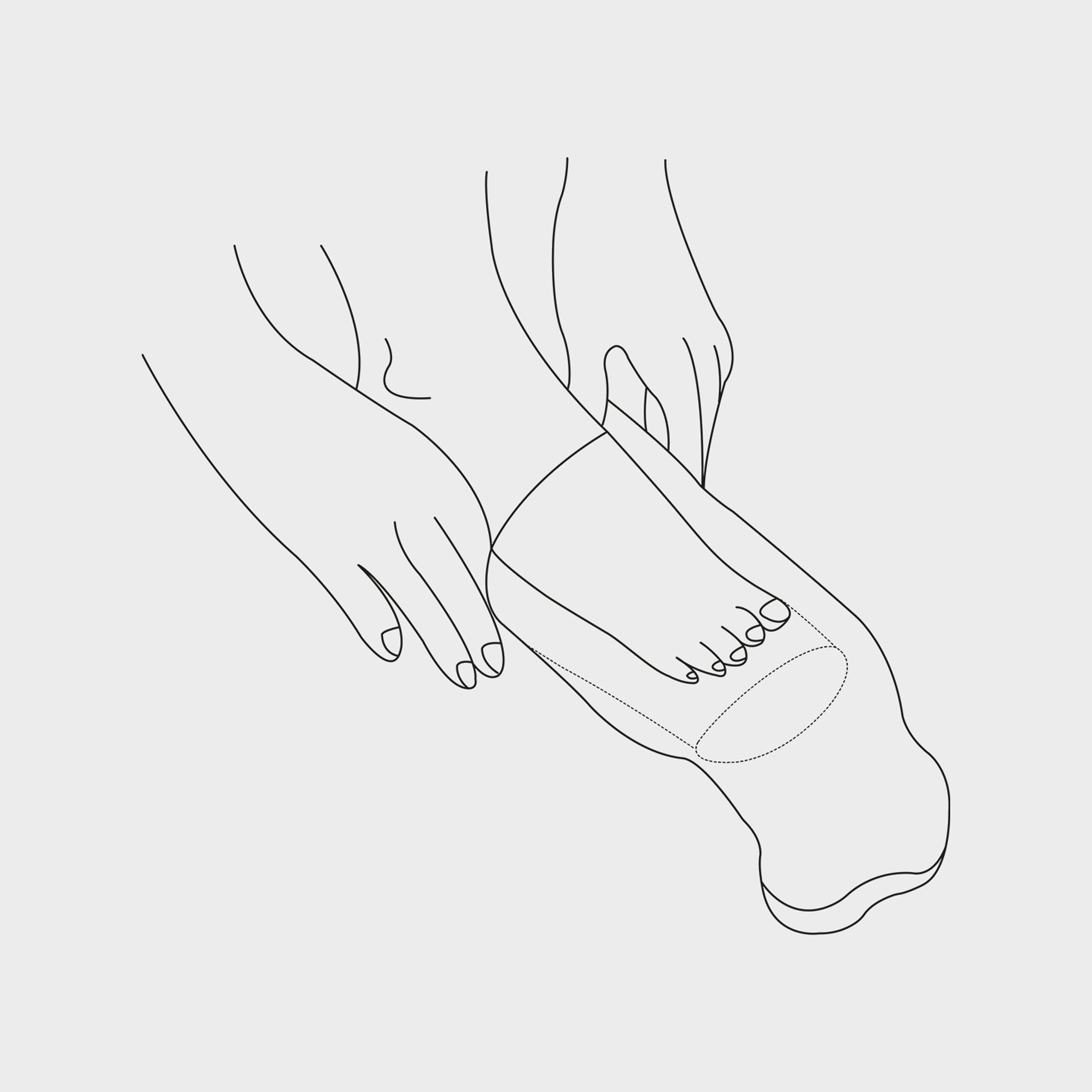 Technical drawing of a foot being placed in a sock with hands.